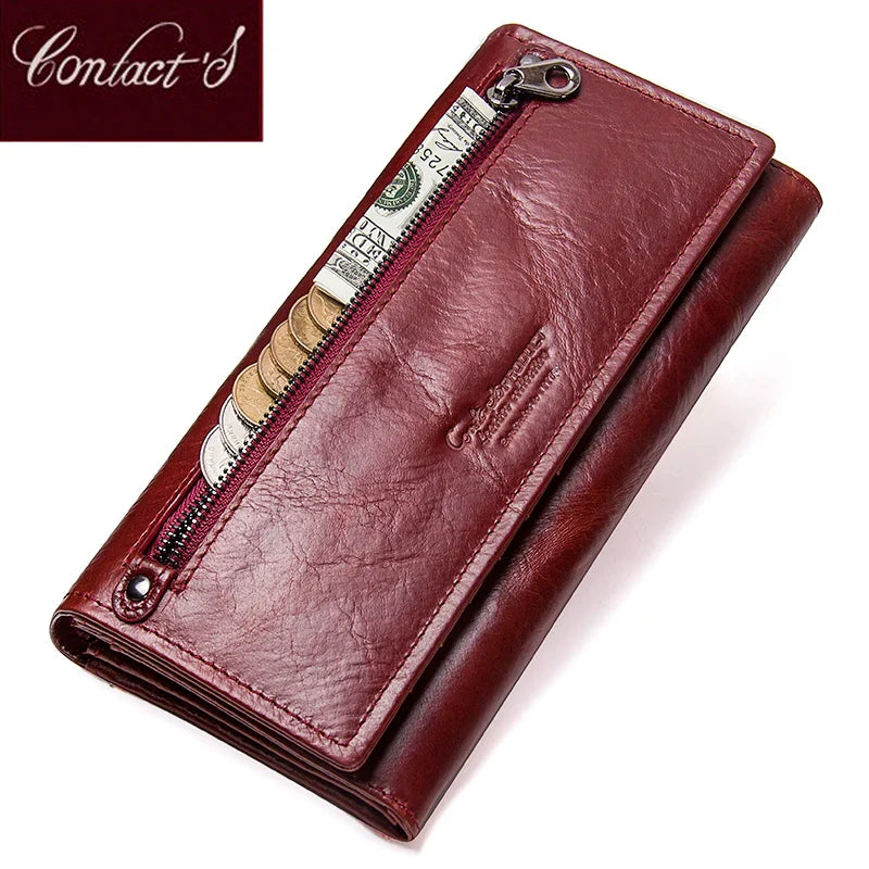 Contact's Genuine Leather Women Long Purse Female Clutches Money Wallets Brand Design Handbag for Cell Phone Card Holder Wallet