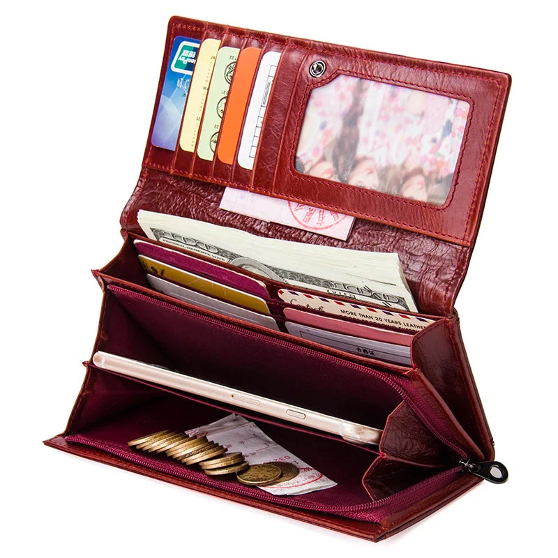 Contact's Genuine Leather Women Long Purse Female Clutches Money Wallets Brand Design Handbag for Cell Phone Card Holder Wallet