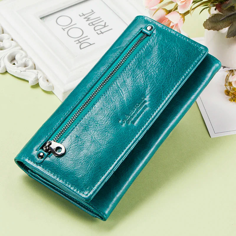 Contact's HOT Genuine Leather Wallet Women Card Holder Wallets for Women Long Style Coin Purse Female Clutch Bag Portfel Damski