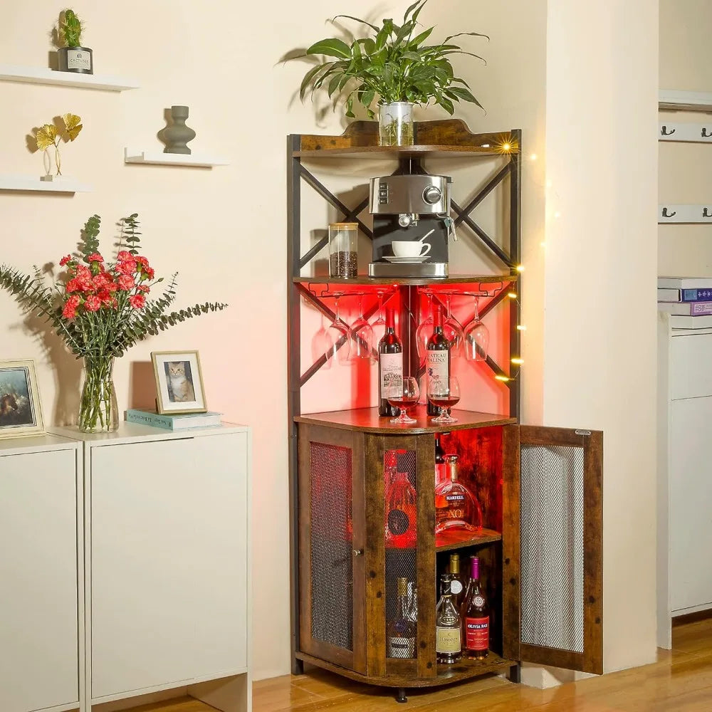 Corner Bar Cabinet with LED Lights, 5-layer Wine Cabinet with Glass Brackets,adjustable Shelves,For Storing Liquor and Wine