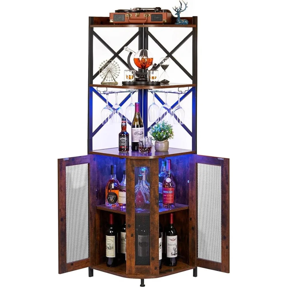 Corner Bar Cabinet with LED Lights, 5-layer Wine Cabinet with Glass Brackets,adjustable Shelves,For Storing Liquor and Wine