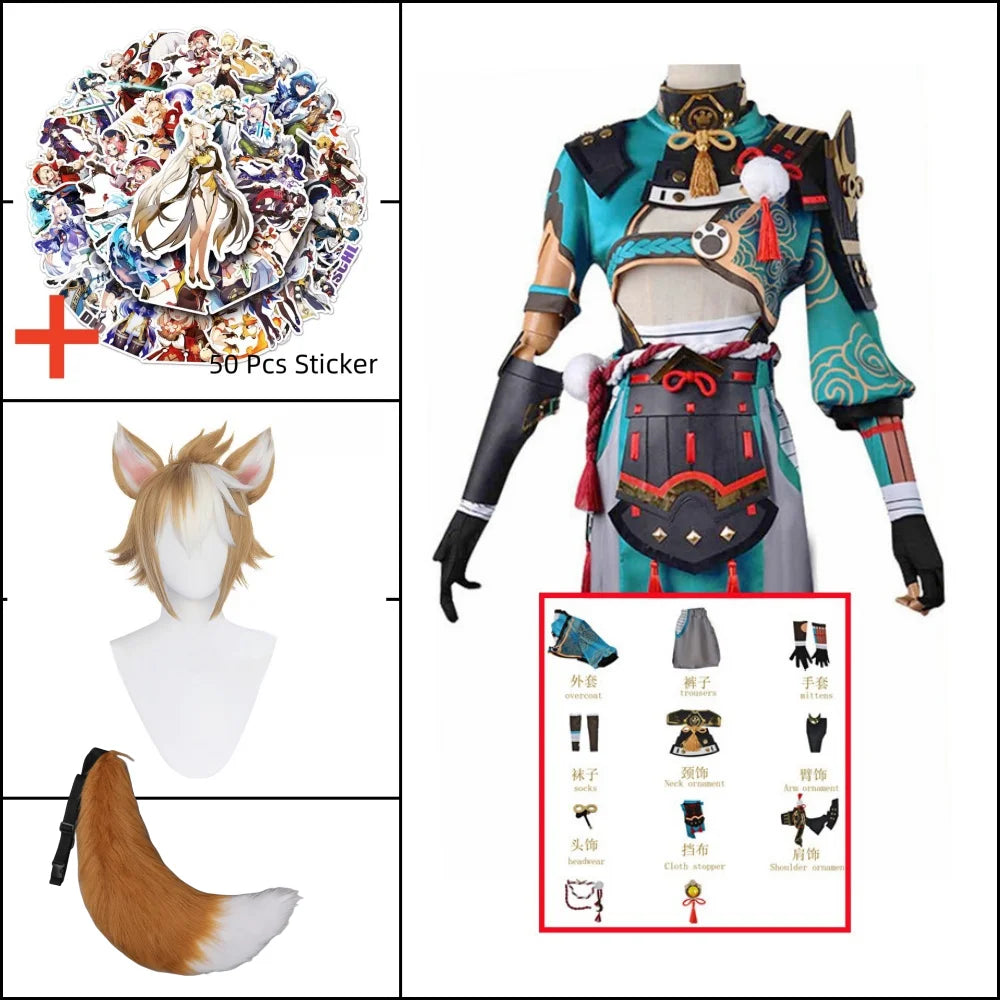 Cosplay Genshin Impact Anime Game Gorou Costume Wig Fox Tail Ears Stricker Sets Halloween Costume For Woman Man Clothes