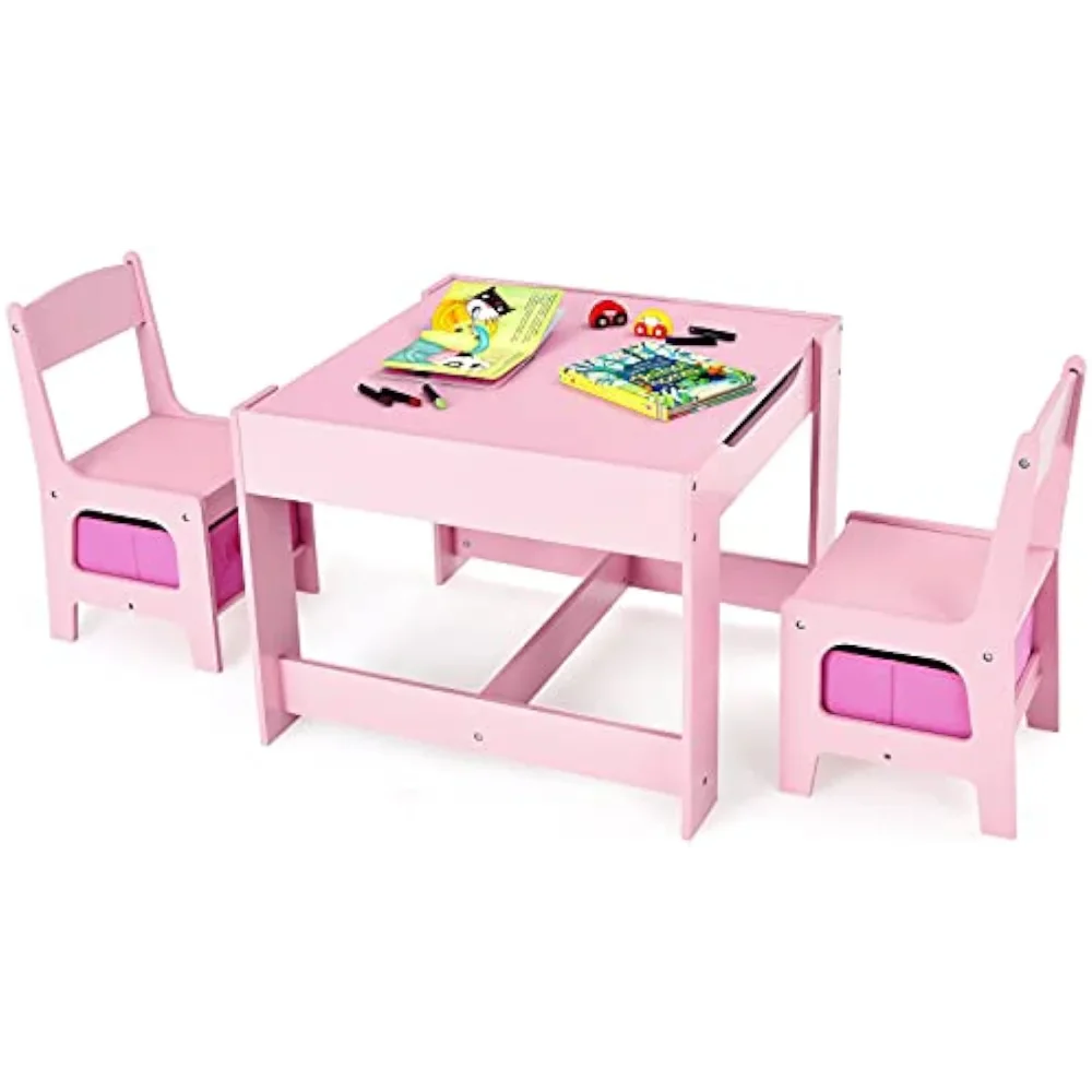 Costzon Kids Table and Chair Set, 3 in 1 Wooden Activity Table with Storage Drawer, Detachable Tabletop for Children