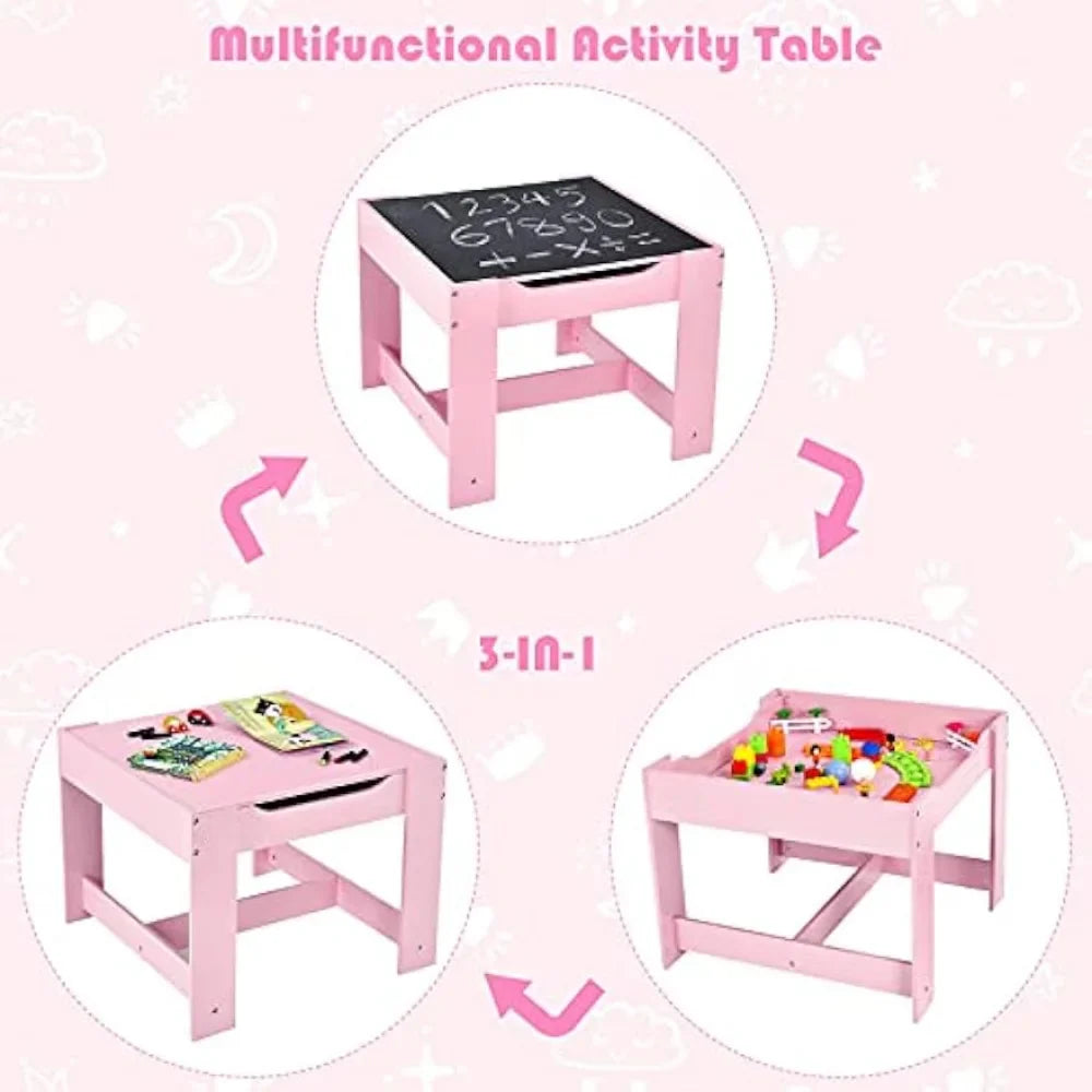 Costzon Kids Table and Chair Set, 3 in 1 Wooden Activity Table with Storage Drawer, Detachable Tabletop for Children