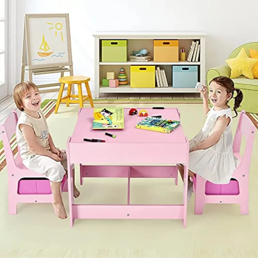 Costzon Kids Table and Chair Set, 3 in 1 Wooden Activity Table with Storage Drawer, Detachable Tabletop for Children