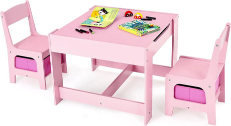 Costzon Kids Table and Chair Set, 3 in 1 Wooden Activity Table with Storage Drawer, Detachable Tabletop for Children