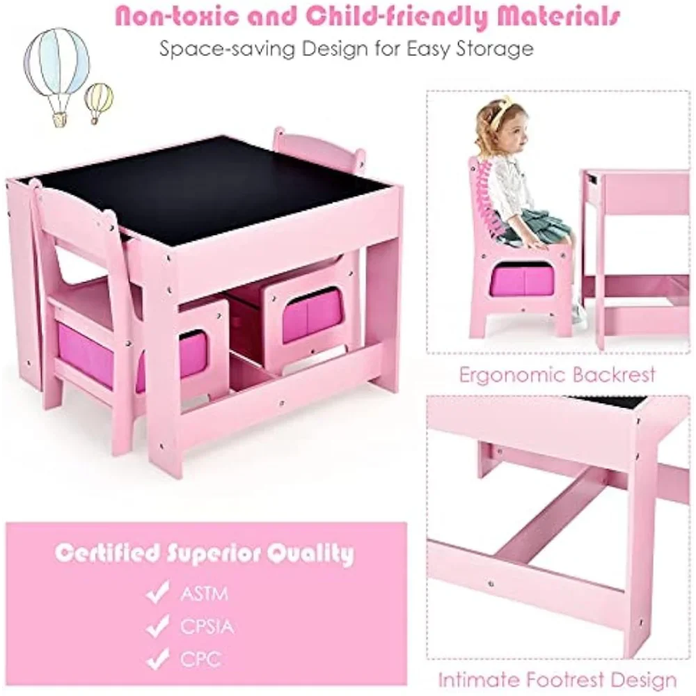 Costzon Kids Table and Chair Set, 3 in 1 Wooden Activity Table with Storage Drawer, Detachable Tabletop for Children