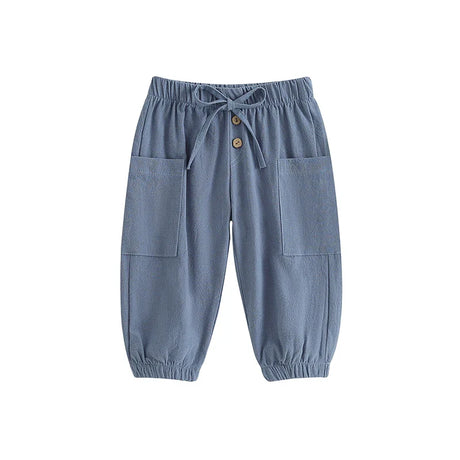 Cotton Linen Casual Baby Pants Toddler Boys Girls Casual Bottom Summer Autumn Solid Drawstring Button Children Pockets Trousers