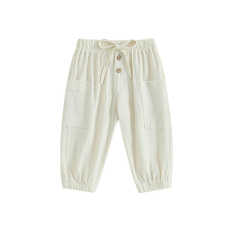 Cotton Linen Casual Baby Pants Toddler Boys Girls Casual Bottom Summer Autumn Solid Drawstring Button Children Pockets Trousers