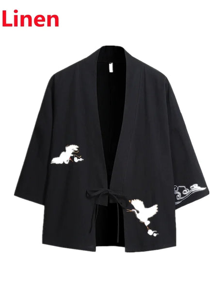 Crane Embroidery Haori Kimono Harajuku Japanese Style Plus Size Men Samurai Costume Yukata Asian Clothes Cardigan Women Jacket