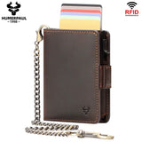 Crazy Horse Leather Card Holder RFID Blocking Card Case Smart Pop-up Cardholder Fashion Men's Wallet with Long Anti-theft Chain