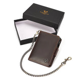 Crazy Horse Leather Card Holder RFID Blocking Card Case Smart Pop-up Cardholder Fashion Men's Wallet with Long Anti-theft Chain