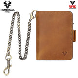 Crazy Horse Leather Card Holder RFID Blocking Card Case Smart Pop-up Cardholder Fashion Men's Wallet with Long Anti-theft Chain