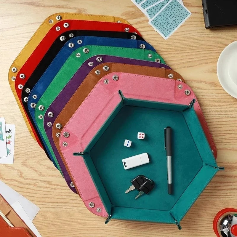 Creative Foldable Dice Tray Box PU Leather Folding Hexagon Coin Square Tray Dice Game Key Coin candy jewelry Storage Box