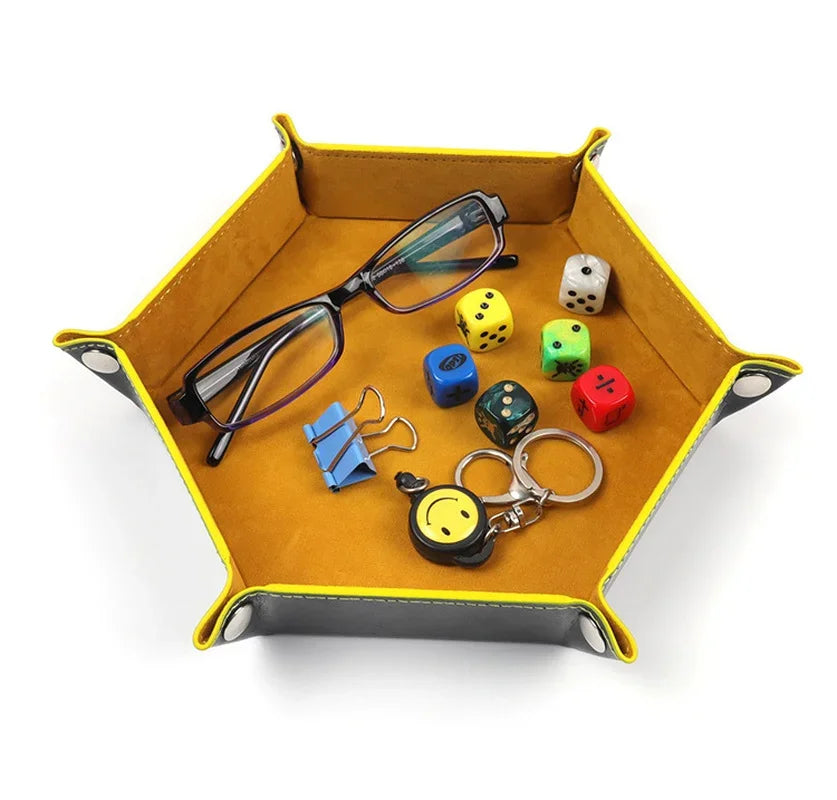 Creative Foldable Dice Tray Box PU Leather Folding Hexagon Coin Square Tray Dice Game Key Coin candy jewelry Storage Box