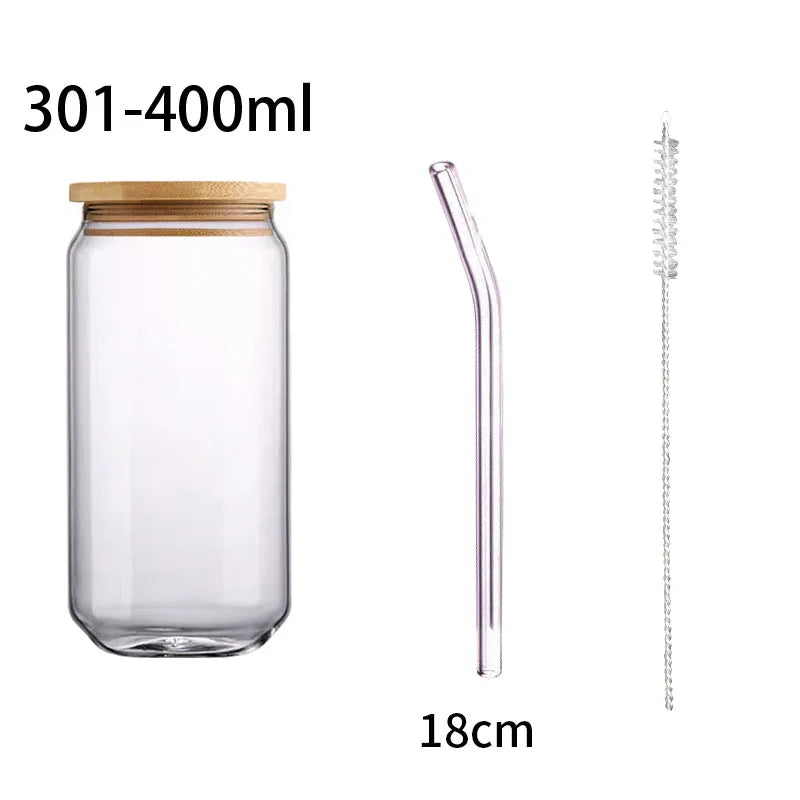 Creative Glass Cup Bamboo Lid Can Shape Tea Juice Milk Coffee Mug Glass Drinking Cup High Borosilicate Glass Durable Drinkware