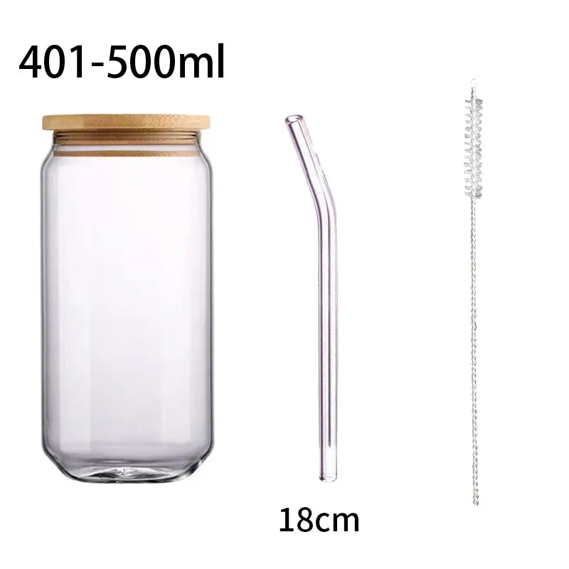 Creative Glass Cup Bamboo Lid Can Shape Tea Juice Milk Coffee Mug Glass Drinking Cup High Borosilicate Glass Durable Drinkware