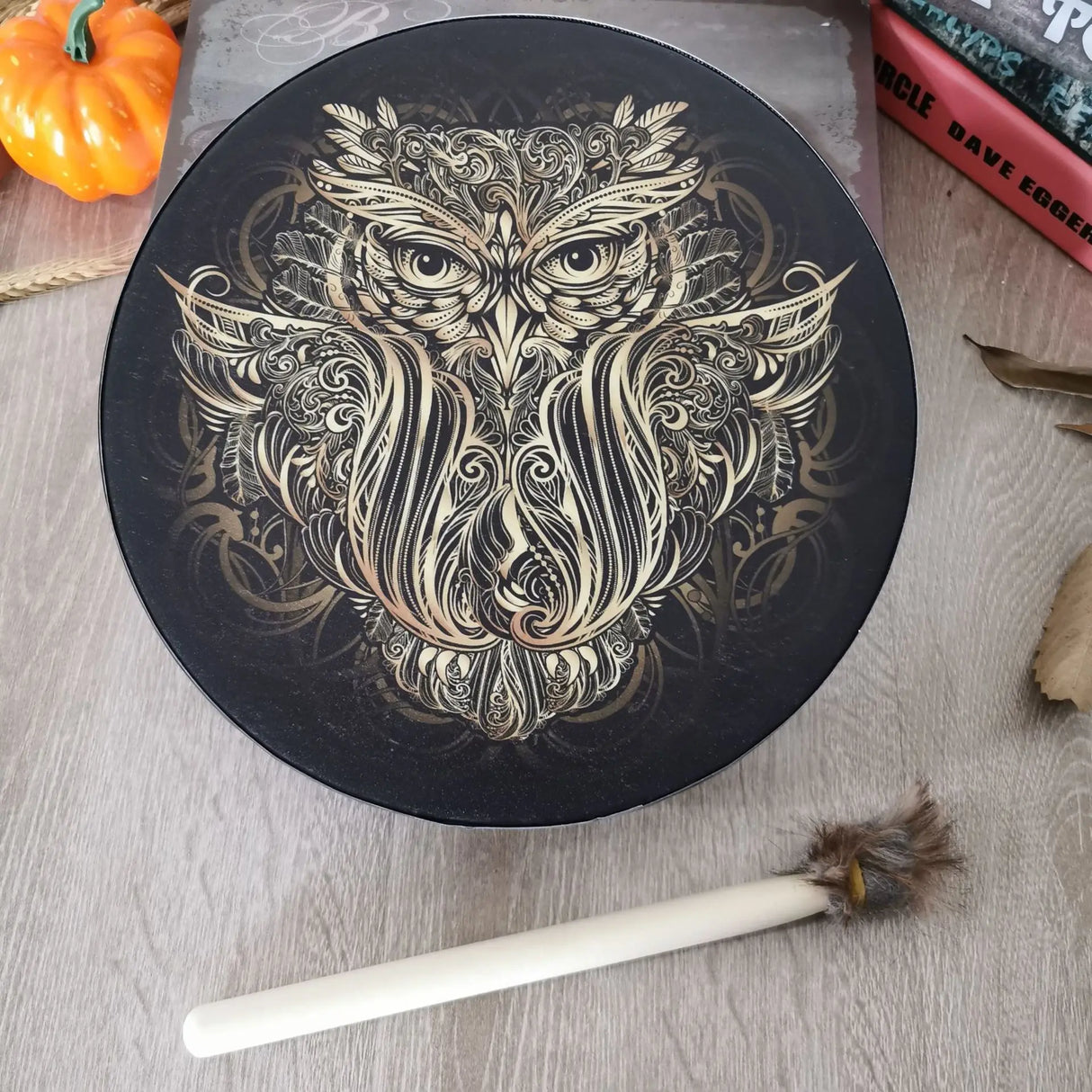 Creative Owl Shaman Drum with Drum Stick Siberian Bass God Tone Handmade Portable Percussion Instrument 25x25cm