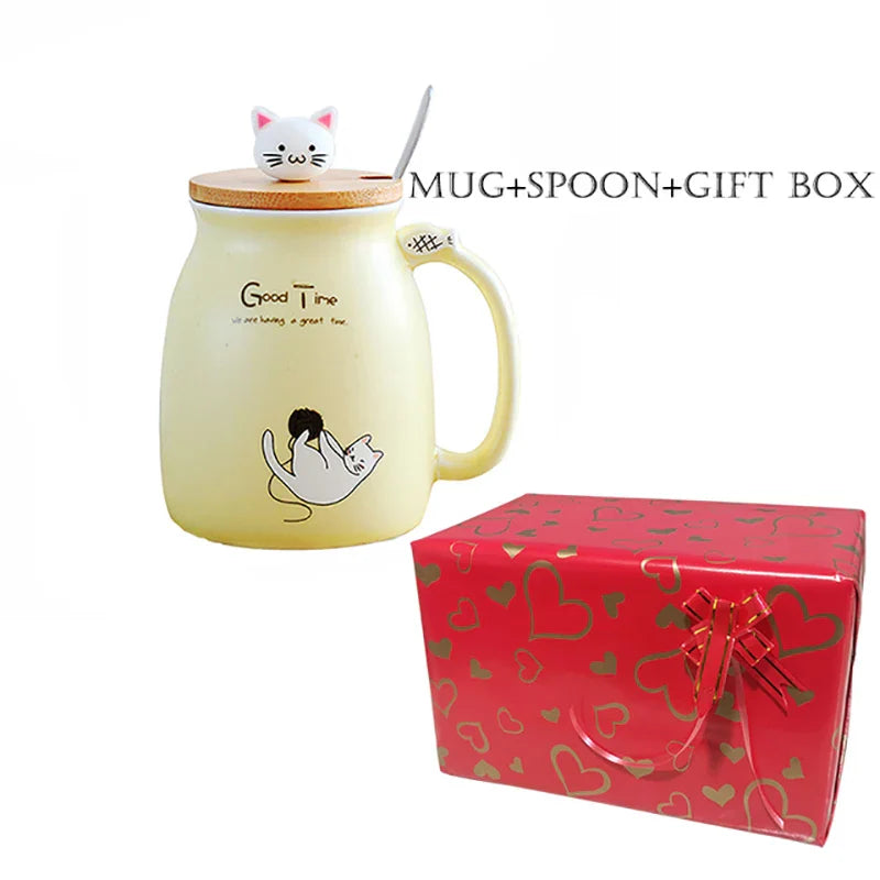 Creative color cat heat-resistant Mug cartoon with lid 450ml cup kitten coffee ceramic mugs children cup office Drinkware gift