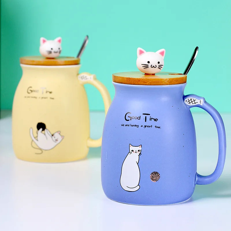 Creative color cat heat-resistant Mug cartoon with lid 450ml cup kitten coffee ceramic mugs children cup office Drinkware gift