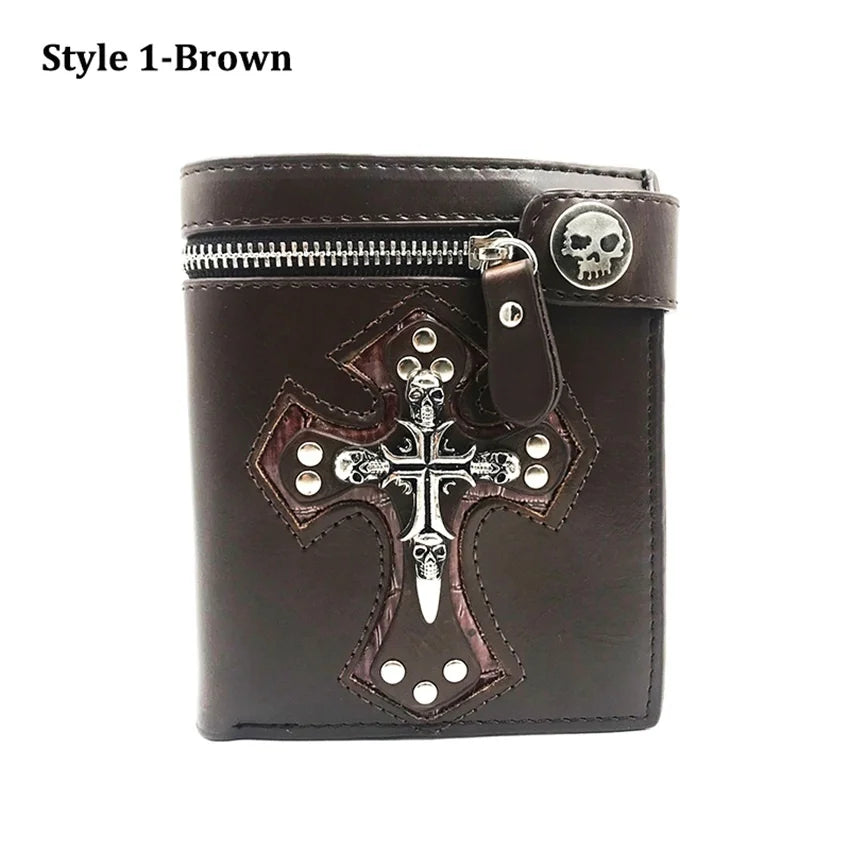 Crucifix Skull Retro Men‘s Wallet Money Clip PU Leather Billfold Chain Zipper Folded Purse Card Holder Detachable Metal Chain