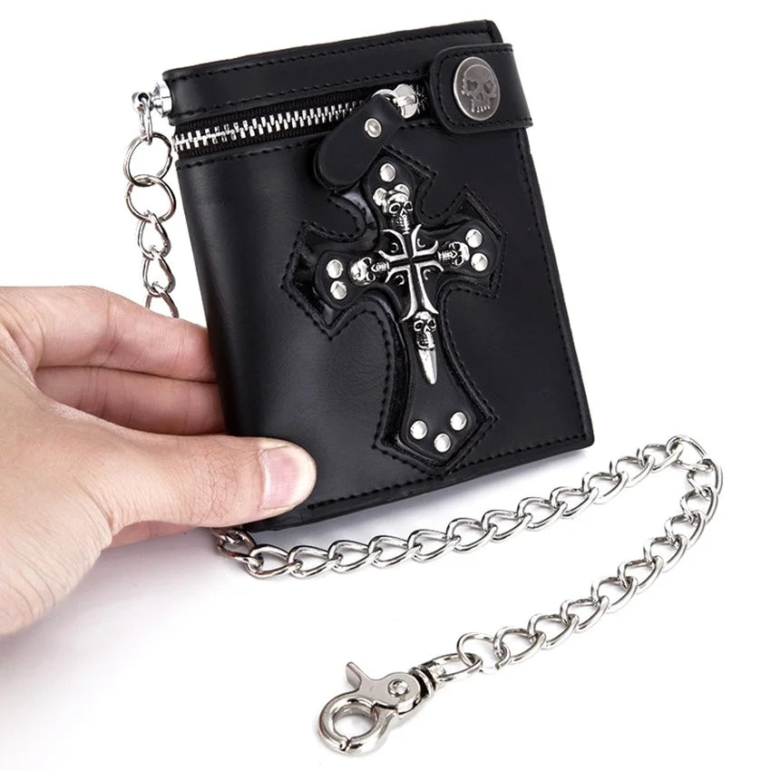 Crucifix Skull Retro Men‘s Wallet Money Clip PU Leather Billfold Chain Zipper Folded Purse Card Holder Detachable Metal Chain