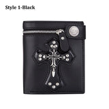 Crucifix Skull Retro Men‘s Wallet Money Clip PU Leather Billfold Chain Zipper Folded Purse Card Holder Detachable Metal Chain