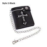 Crucifix Skull Retro Men‘s Wallet Money Clip PU Leather Billfold Chain Zipper Folded Purse Card Holder Detachable Metal Chain