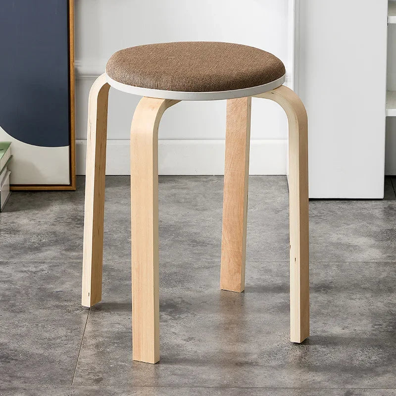 Curved Wooden Stoolhousehold High Round Stool Simple And Soft Surface Dining Table Bench Adult Dining Chair