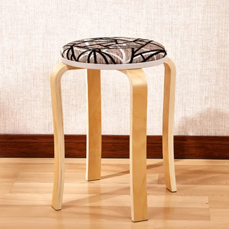 Curved Wooden Stoolhousehold High Round Stool Simple And Soft Surface Dining Table Bench Adult Dining Chair