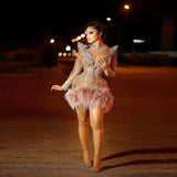 Custom Beads Short Prom Dress Ostrich robes de soirée Crystals Prom Dress With Sleeves Special Occasion Birthday Wear