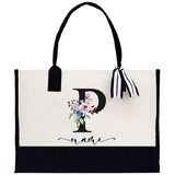 Custom Name Totes Bag Fashion Canvas Tote Letter Flower Portable Beach Shoulder Shopping Casual Beach Bag Large Capacity Handbag