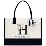 Custom Name Totes Bag Fashion Canvas Tote Letter Flower Portable Beach Shoulder Shopping Casual Beach Bag Large Capacity Handbag