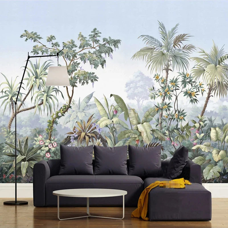 Custom Photo Wallpaper Retro Hand Painted Tropical Rainforest Banana Coconut Tree Mural Dining Room Living Room Bedroom Wall Art