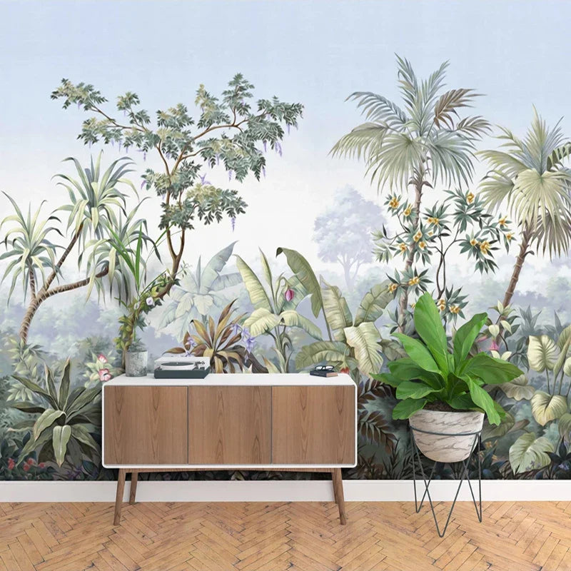 Custom Photo Wallpaper Retro Hand Painted Tropical Rainforest Banana Coconut Tree Mural Dining Room Living Room Bedroom Wall Art