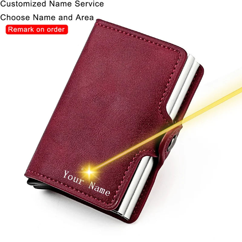 Customized Name Logo Smart Wallet Men Woman RFID Blocking ID Credit Card Holder Leather Wallet Metal Double Box CardHolder Purse