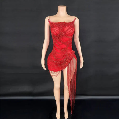 Customized New Arrival Women Sexy Strapless Mesh See Through Bodycon Mini Dress Diamond Chain Fashion Birthday Party Performance