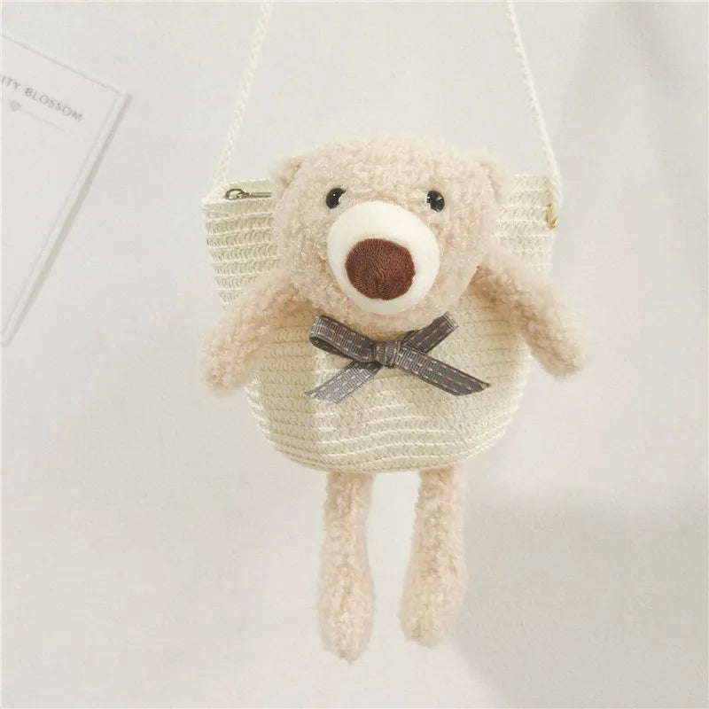 Cute Bear Baby Girl Shoulder Bags Straw Children Messenger Bag Kids Princess Mini Bow Handbag Crossbody Child Girls Coin Purse