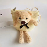 Cute Bear Baby Girl Shoulder Bags Straw Children Messenger Bag Kids Princess Mini Bow Handbag Crossbody Child Girls Coin Purse