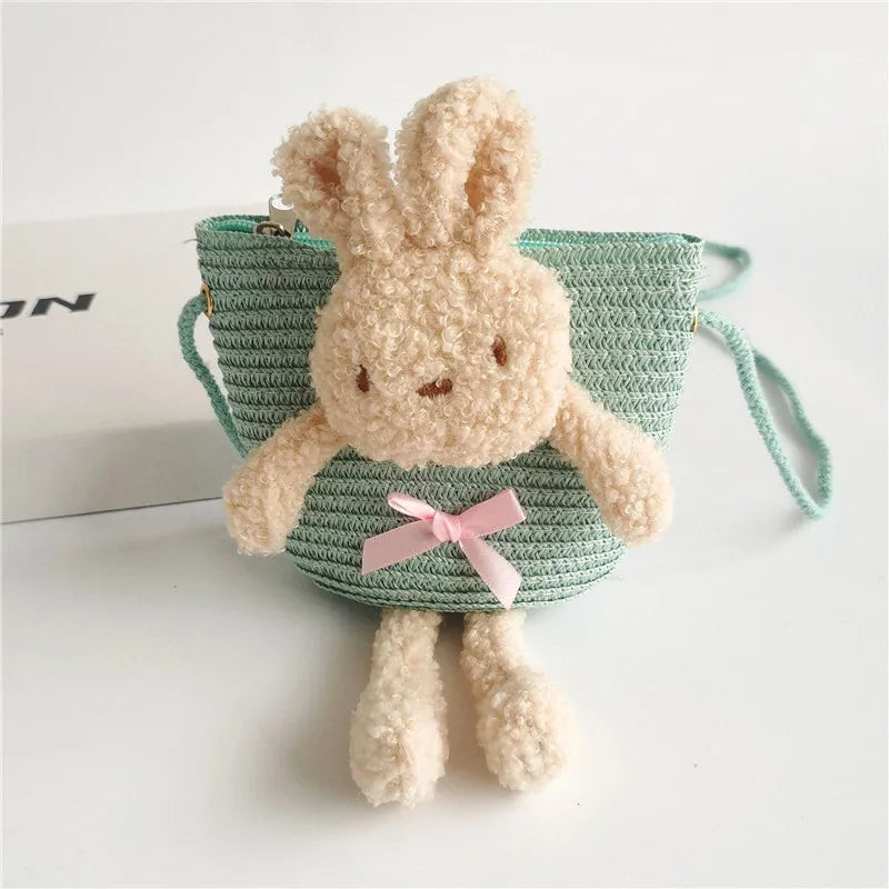 Cute Bear Baby Girl Shoulder Bags Straw Children Messenger Bag Kids Princess Mini Bow Handbag Crossbody Child Girls Coin Purse