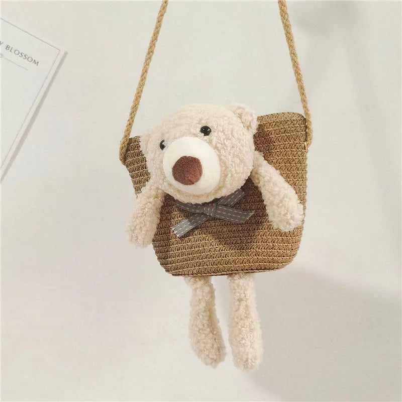 Cute Bear Baby Girl Shoulder Bags Straw Children Messenger Bag Kids Princess Mini Bow Handbag Crossbody Child Girls Coin Purse