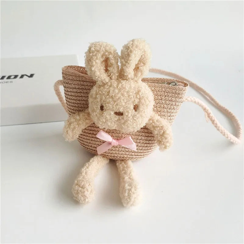 Cute Bear Baby Girl Shoulder Bags Straw Children Messenger Bag Kids Princess Mini Bow Handbag Crossbody Child Girls Coin Purse