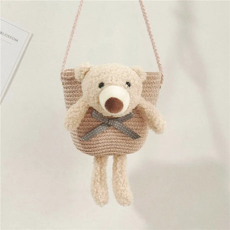 Cute Bear Baby Girl Shoulder Bags Straw Children Messenger Bag Kids Princess Mini Bow Handbag Crossbody Child Girls Coin Purse