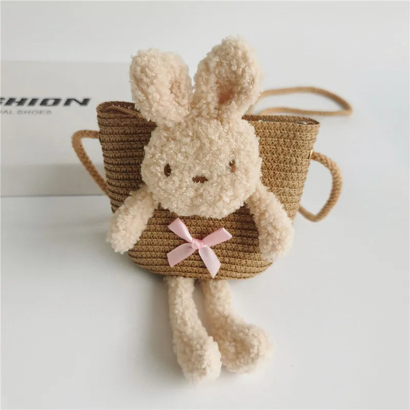 Cute Bear Baby Girl Shoulder Bags Straw Children Messenger Bag Kids Princess Mini Bow Handbag Crossbody Child Girls Coin Purse