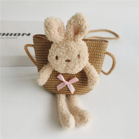 Cute Bear Baby Girl Shoulder Bags Straw Children Messenger Bag Kids Princess Mini Bow Handbag Crossbody Child Girls Coin Purse