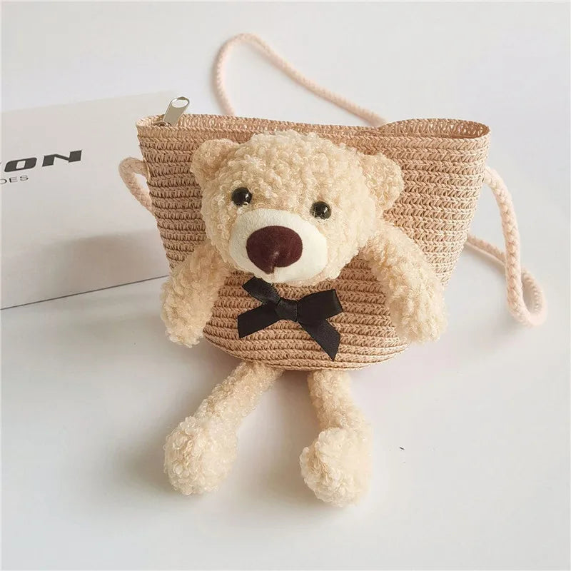 Cute Bear Baby Girl Shoulder Bags Straw Children Messenger Bag Kids Princess Mini Bow Handbag Crossbody Child Girls Coin Purse