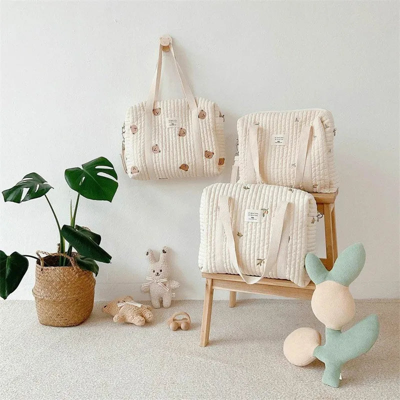 Cute Bear Flower Embroidery Pattern Baby Beige Cotton Fabric Zipper Diaper Handbag New Luggage Bag