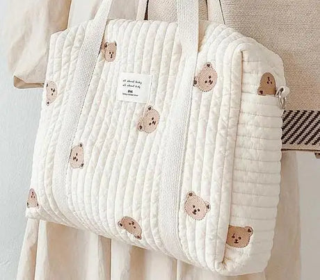 Cute Bear Flower Embroidery Pattern Baby Beige Cotton Fabric Zipper Diaper Handbag New Luggage Bag