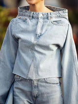 DEAT Women's Denim Loose Coat Long Flare Sleeve Burr  Irregular Patchwork Solid Color Jackets 2024 Summer American Retro 29L1211