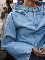 DEAT Women's Denim Loose Coat Long Flare Sleeve Burr  Irregular Patchwork Solid Color Jackets 2024 Summer American Retro 29L1211